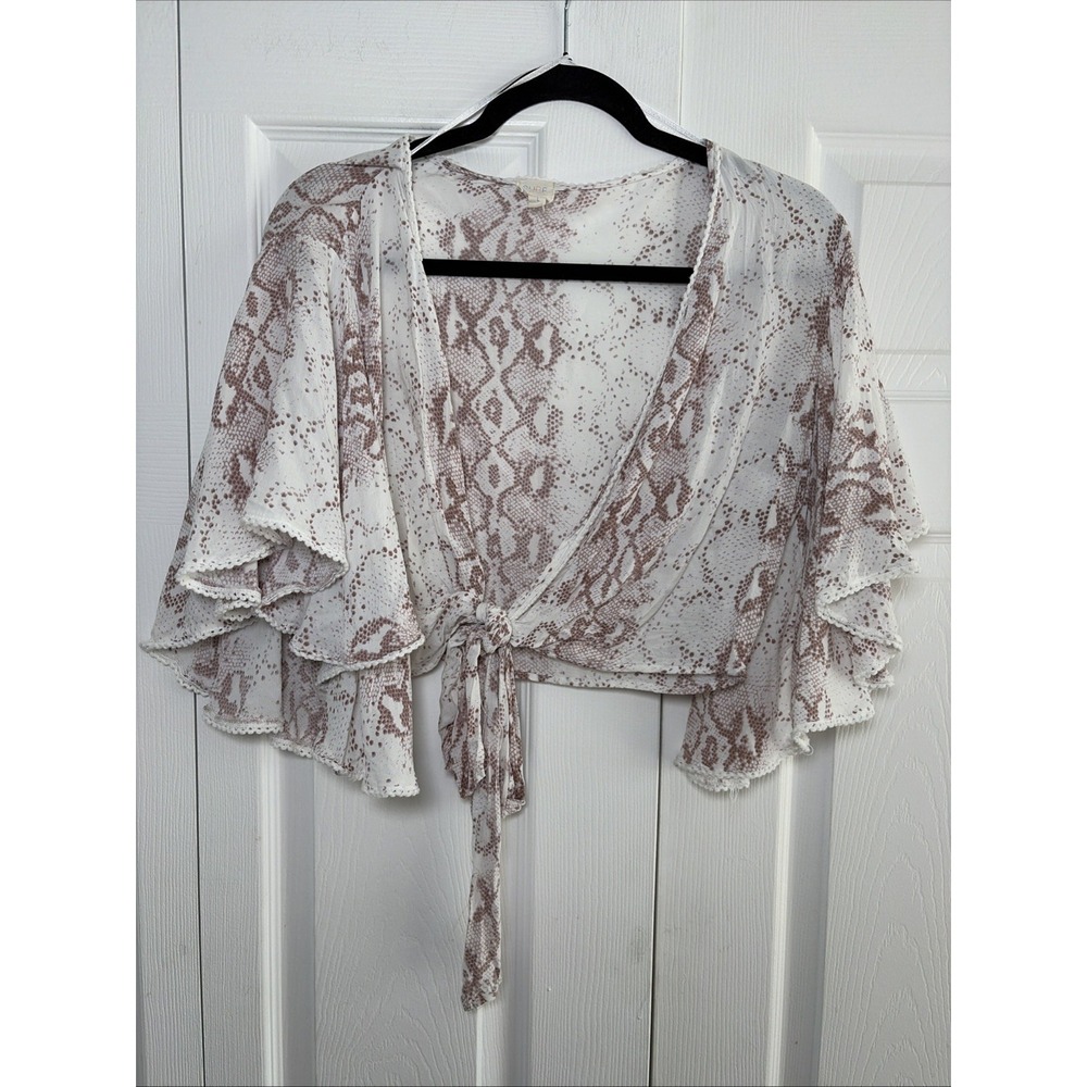 Surf Gypsy Snake Print Tie Front Crop Top Womens L White Brown Flutter Rayon L